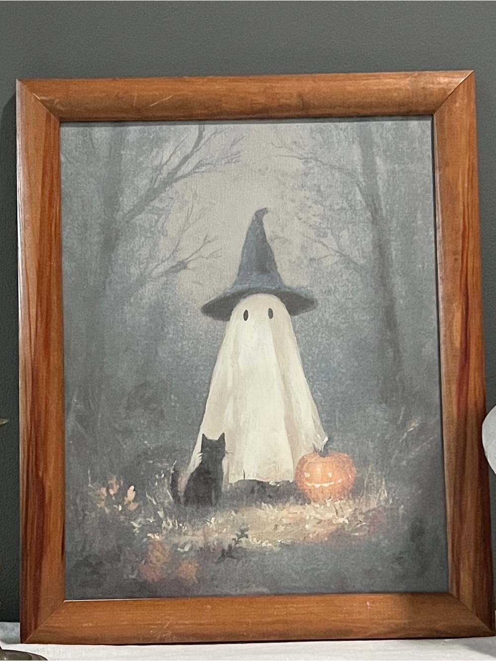 Framed Halloween Picture Ghost Black Cat 10.5x13.5 Printed Canvas spooky cute
